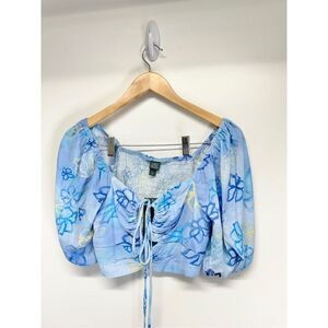 Wild Fable‎ Cropped Floral Print Blue Puff Sleeve Shirt Womens Size Small